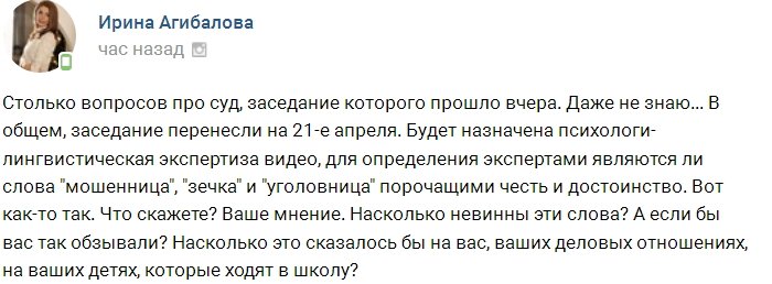 Агибалова: Ждём результат лингвистической экспертизы