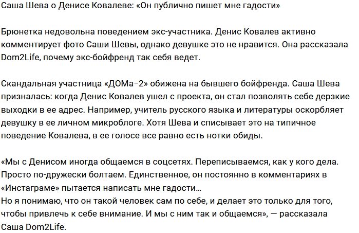 Александра Шева: Денис пишет гадости ради внимания