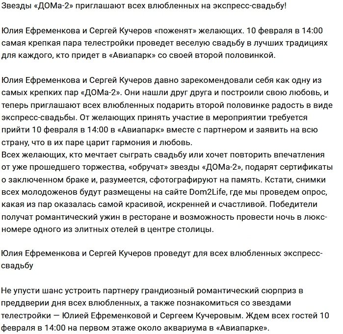 Ефременкова и Кучеров будут ведущими свадеб