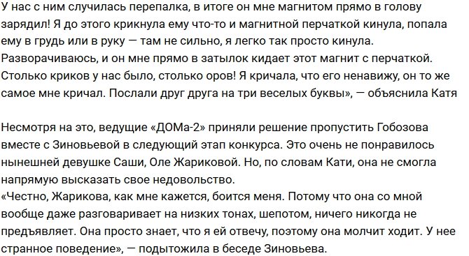 Екатерина Зиновьева: Мы с Гобозовым послали друг друга