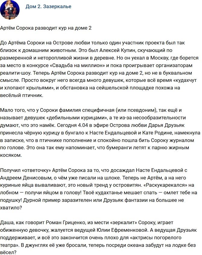 Мнение: Артем Сорока на Острове разводит кур?