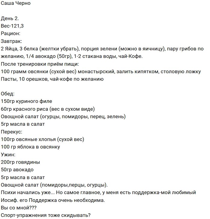 Рацион питания от Александры Черно